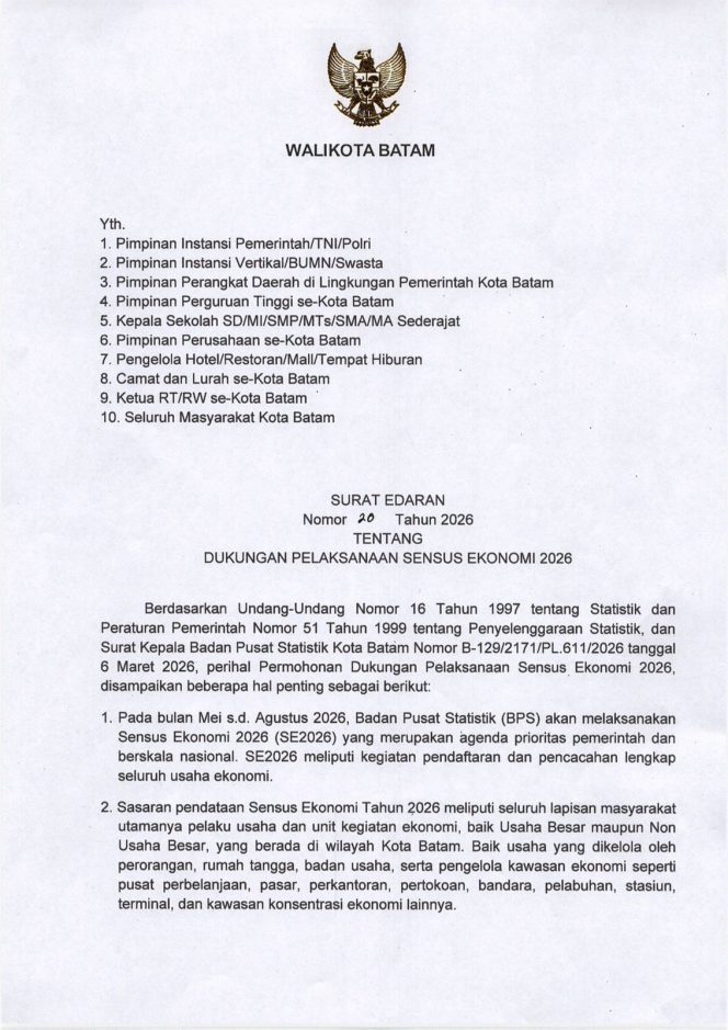 
					Pemko Batam Dukung Sensus Ekonomi 2026, Rudi Panjaitan: Mari Beri Data Akurat