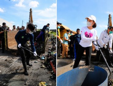 Wali Kota Batam, Amsakar Achmad, bersama Wakil Wali Kota Batam, Li Claudia Chandra, ikut membersihkan sampah dalam peringatan Hari Lingkungan Hidup Sedunia Tingkat Kota Batam Tahun 2026, Jumat (19/6/2026). 